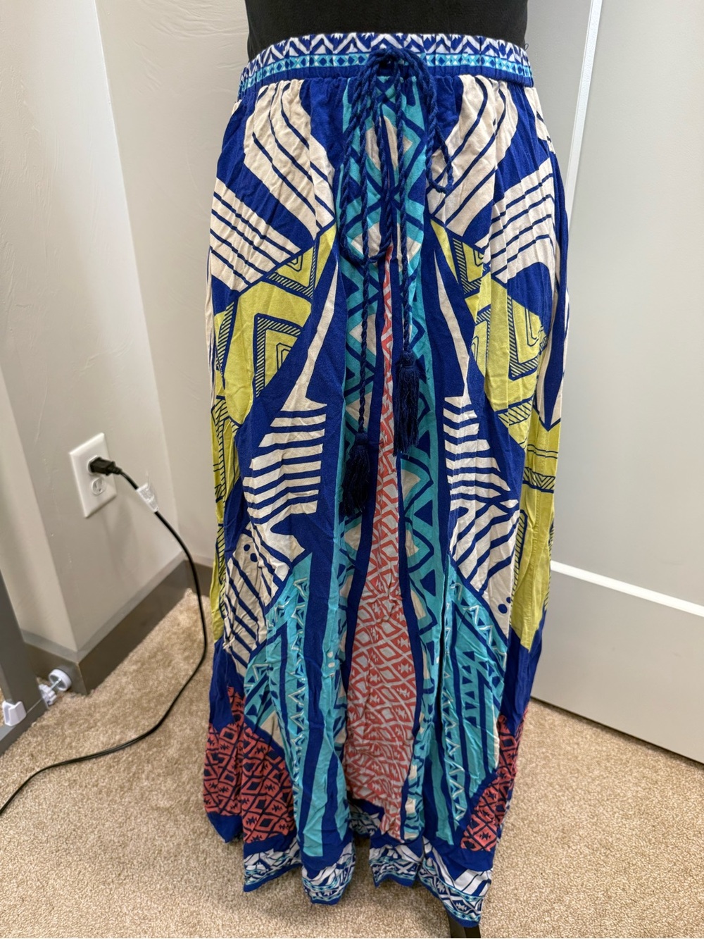 Flying‎ Tomato Boho Geometric Maxi Skirt Blue & Lime Flowy Colorful Rayon Hippie